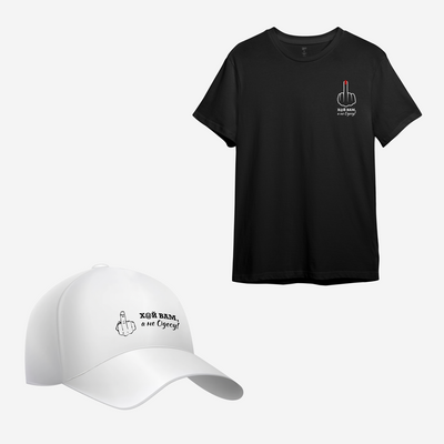 Женская черная футболка и мужская белая кепка с принтом "Х@Й ВАМ, А НЕ ОДЕСУ!" 10245899562 фото
