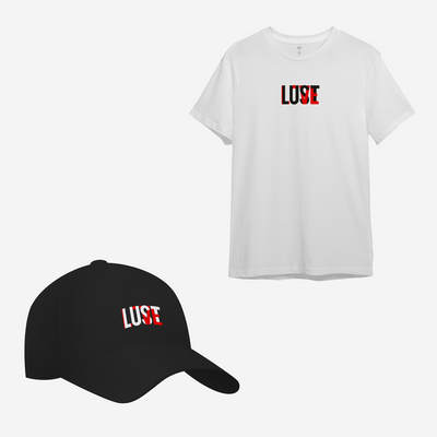 Белая футболка и черная кепка с принтом "Lust Love" 108987691457 фото